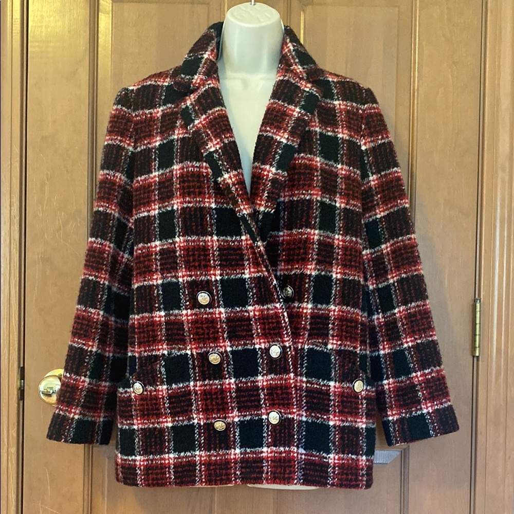 Maje Red and Black Plaid Blazer